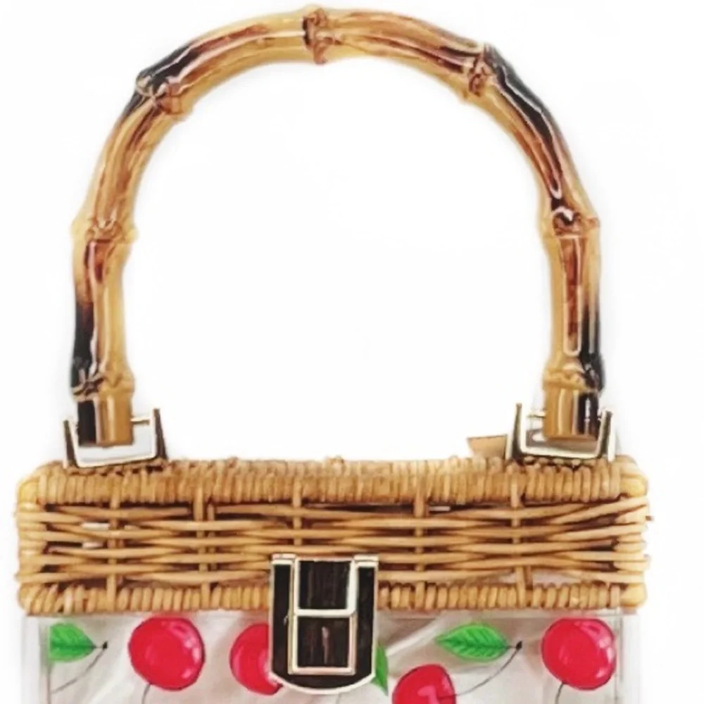 Red Cherry Acrylic Rectangular Wicker & Bamboo Top Handle Pinup Retro Purse Bag - Picture 3 of 8